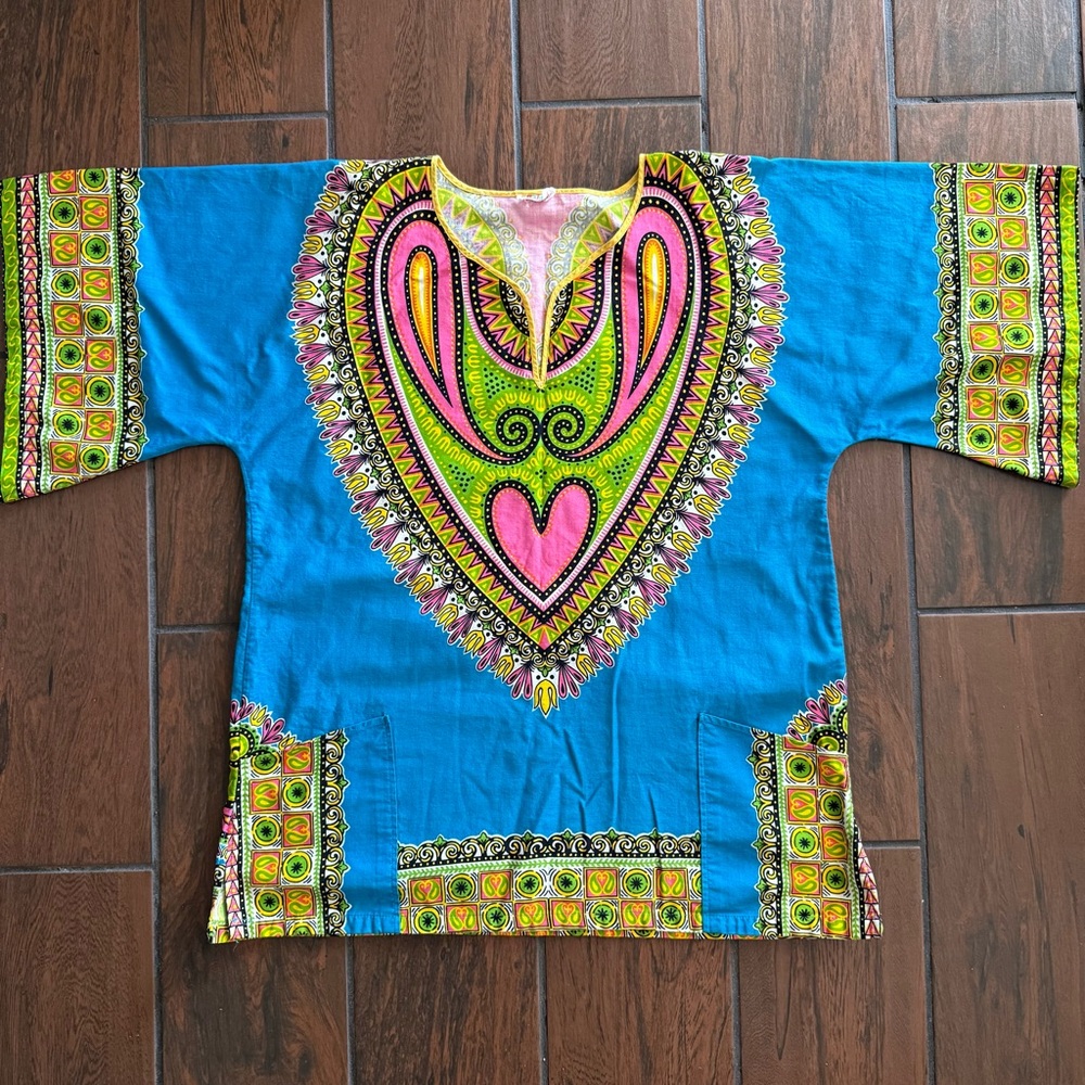 Vintage‎ Bajan Dashiki Tunic Top Made in Barbadoes L Teal Heart Print